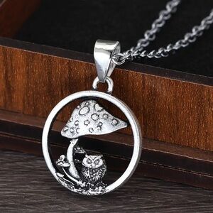 Silver Owl and Mushroom Pendant Necklace